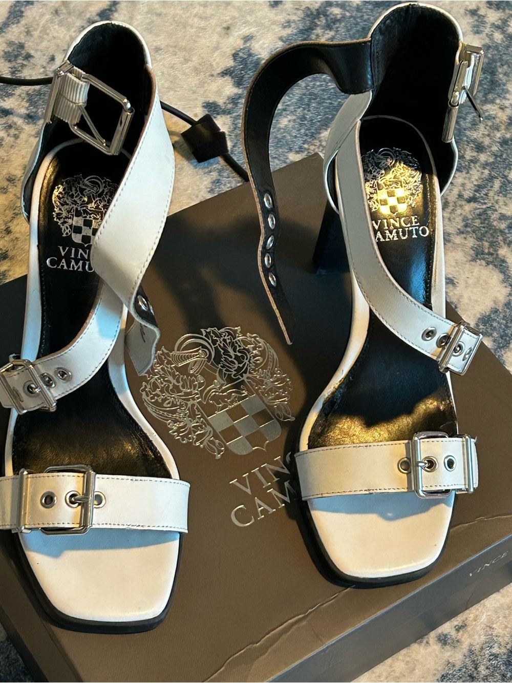 Vince Camuto • White Buckle Ankle-Strap Block Heels • 7M •